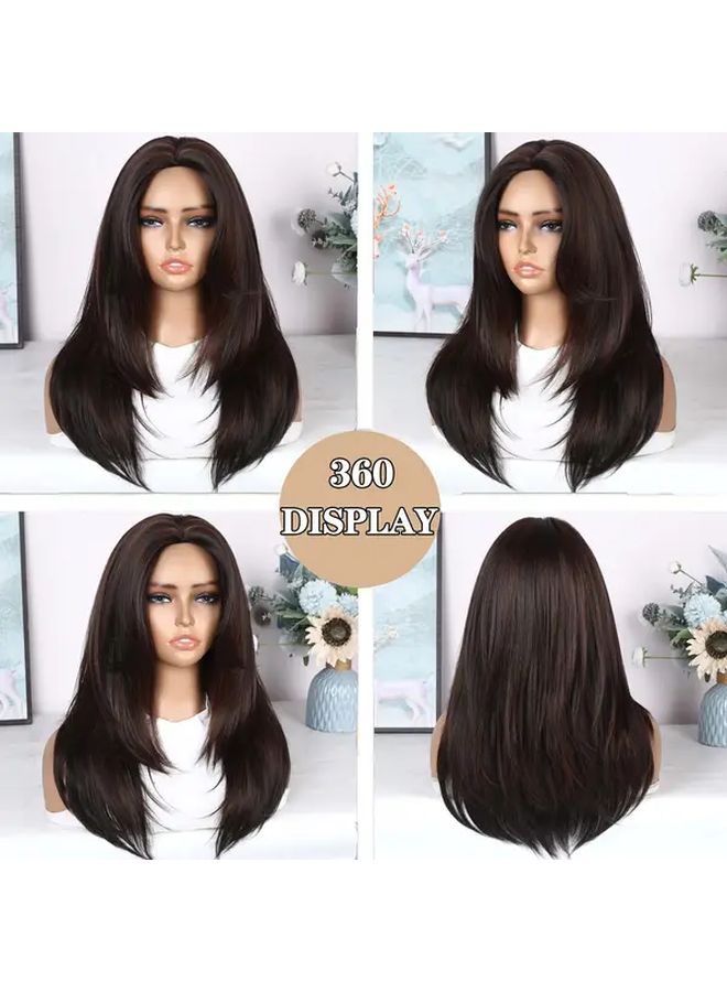 22 Inch Long Straight Layered Synthetic Wig With Bangs Glueless For Women - Image 5